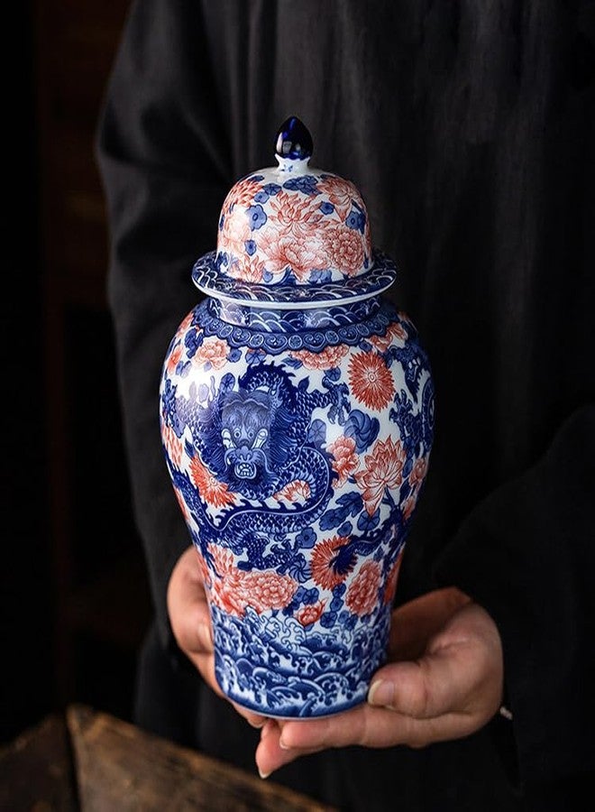 SILINE Porcelain Airtight Canister 45 Oz/1350ml, Blue White with Red Glazed Ceramic Large Food Storage Jar, Home Décor,Room Office Decoration -Dragon - Image 3